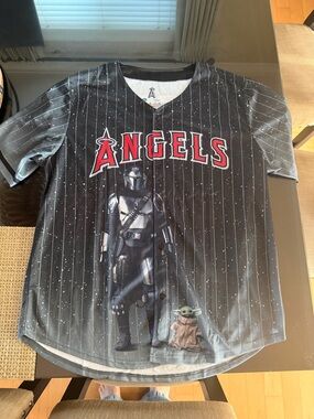 Angels Black Pinstripe Star Wars Mandalorian & Grogu Baseball Jersey